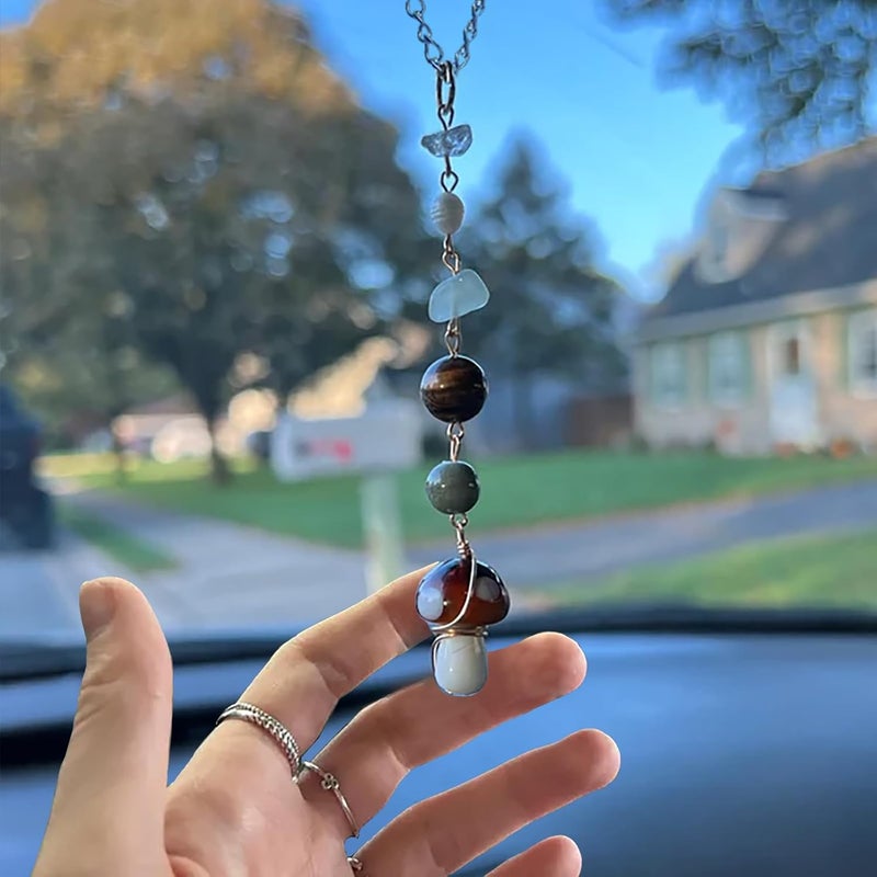 Qpige Mushroom Car Accessories for Women Cute Mushroom Hanging Ornament Boho Rear View Mirror Accessories Interior Car Decor Bag Charms Gifts for Women Girls (Brown) - Image 2